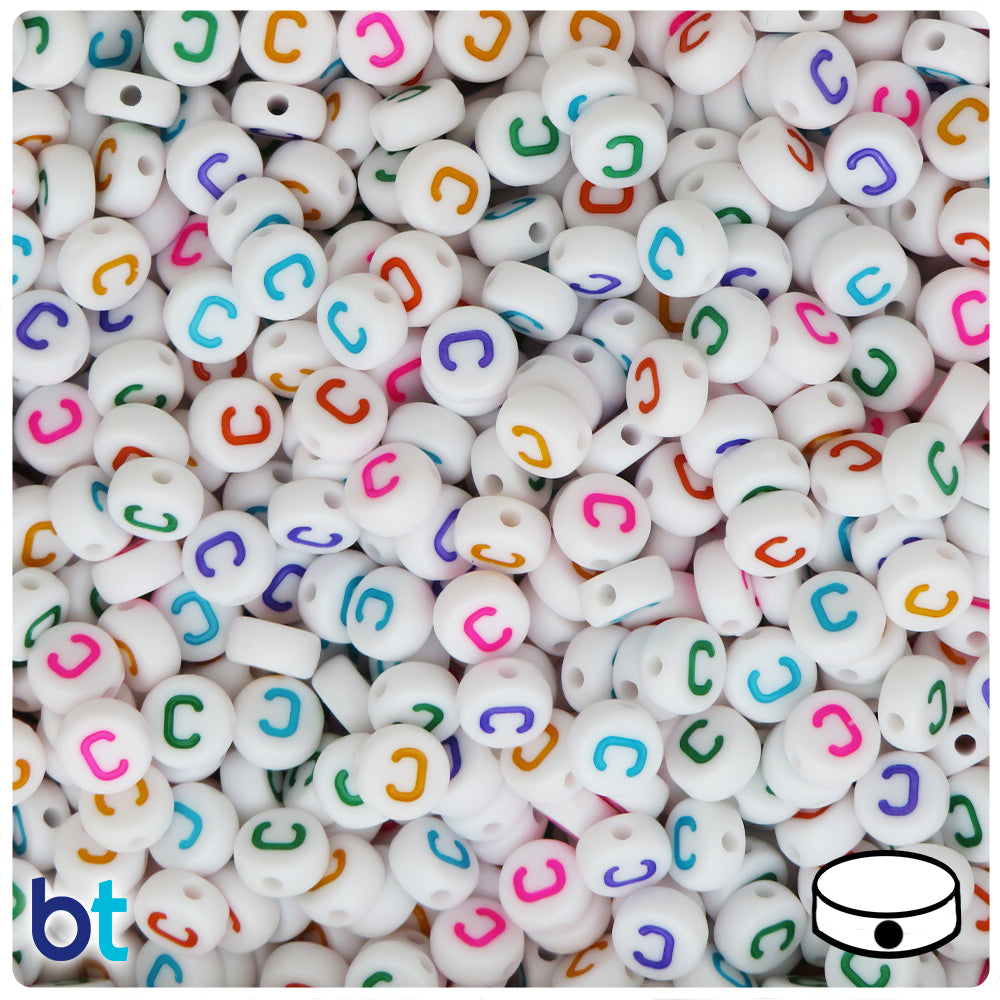 White Opaque 7mm Coin Alpha Beads - Colored Letter C (100pcs)