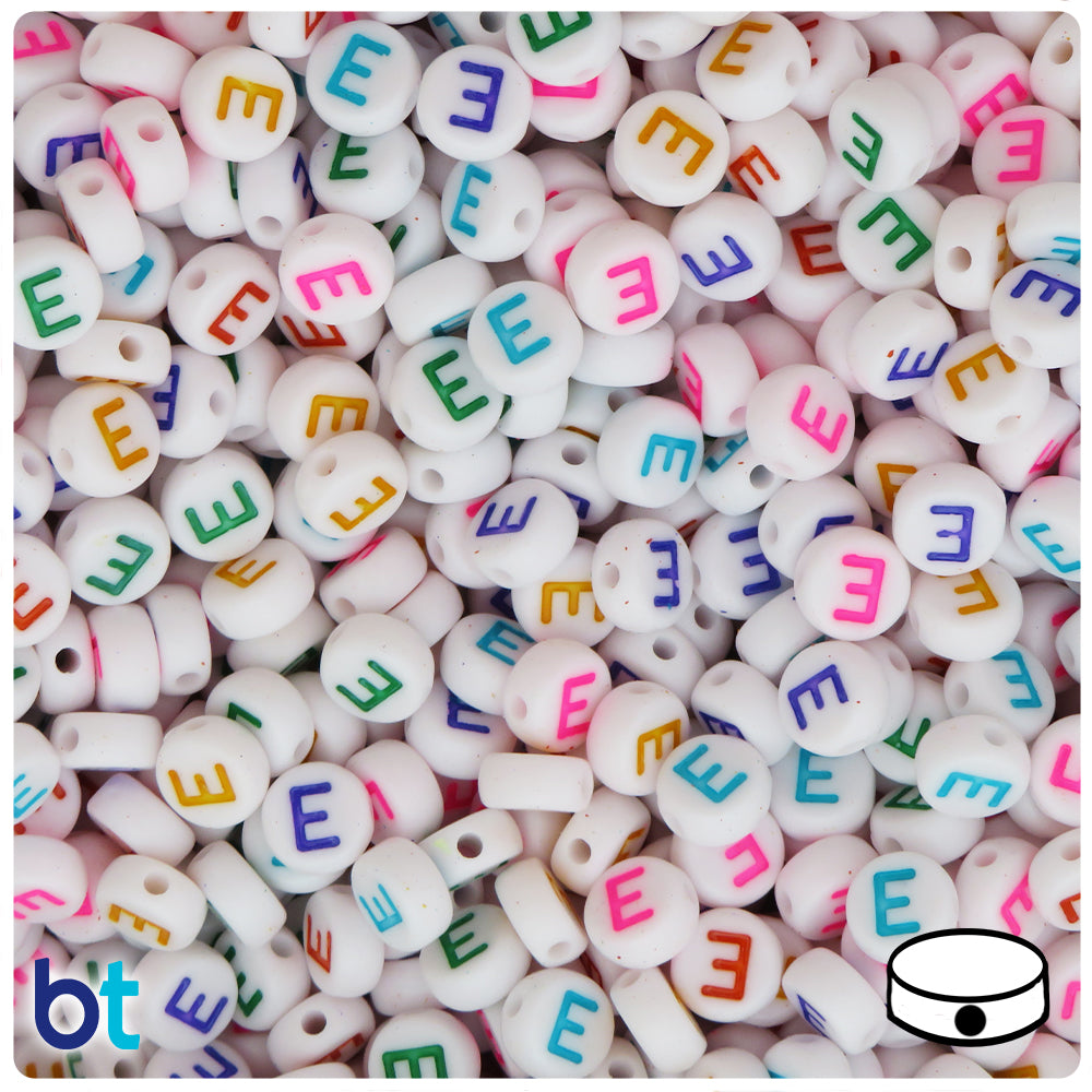 White Opaque 7mm Coin Alpha Beads - Colored Letter E (100pcs)