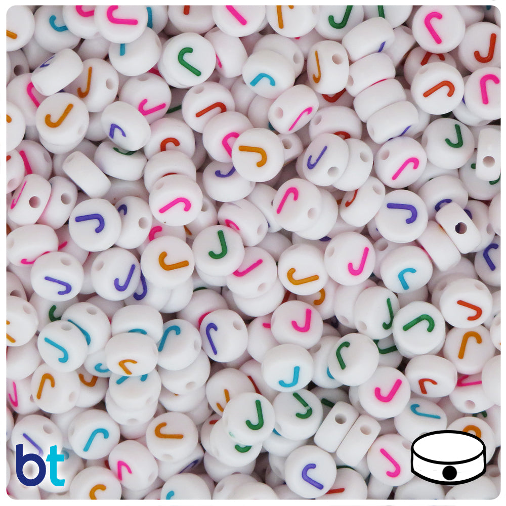 White Opaque 7mm Coin Alpha Beads - Colored Letter J (100pcs)