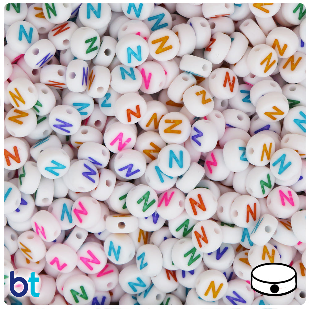 White Opaque 7mm Coin Alpha Beads - Colored Letter N (100pcs)