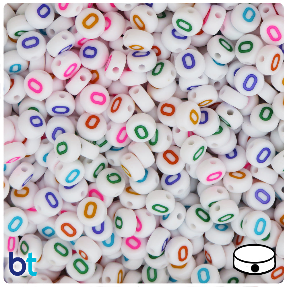 White Opaque 7mm Coin Alpha Beads - Colored Letter O (100pcs)