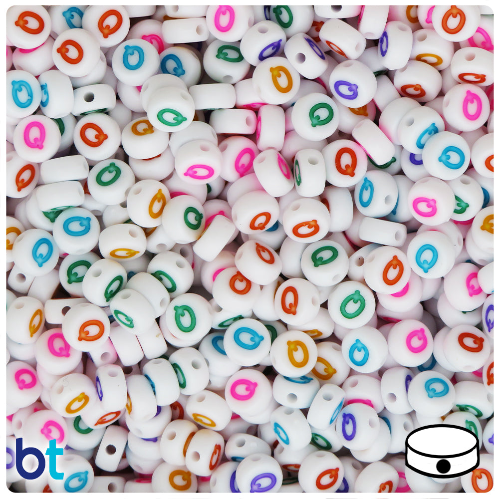 White Opaque 7mm Coin Alpha Beads - Colored Letter Q (100pcs)