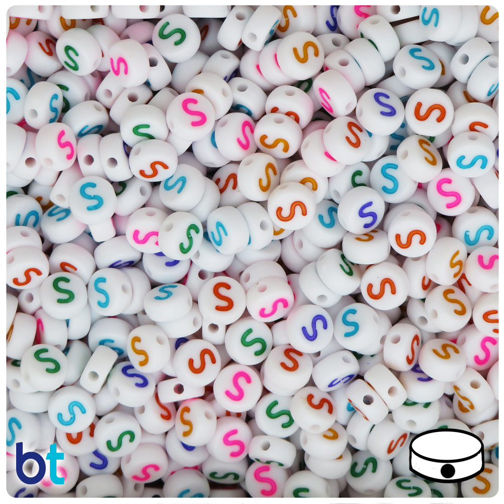 White Opaque 7mm Coin Alpha Beads - Colored Letter S (100pcs)