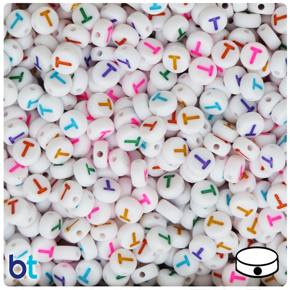 White Opaque 7mm Coin Alpha Beads - Colored Letter T (100pcs)