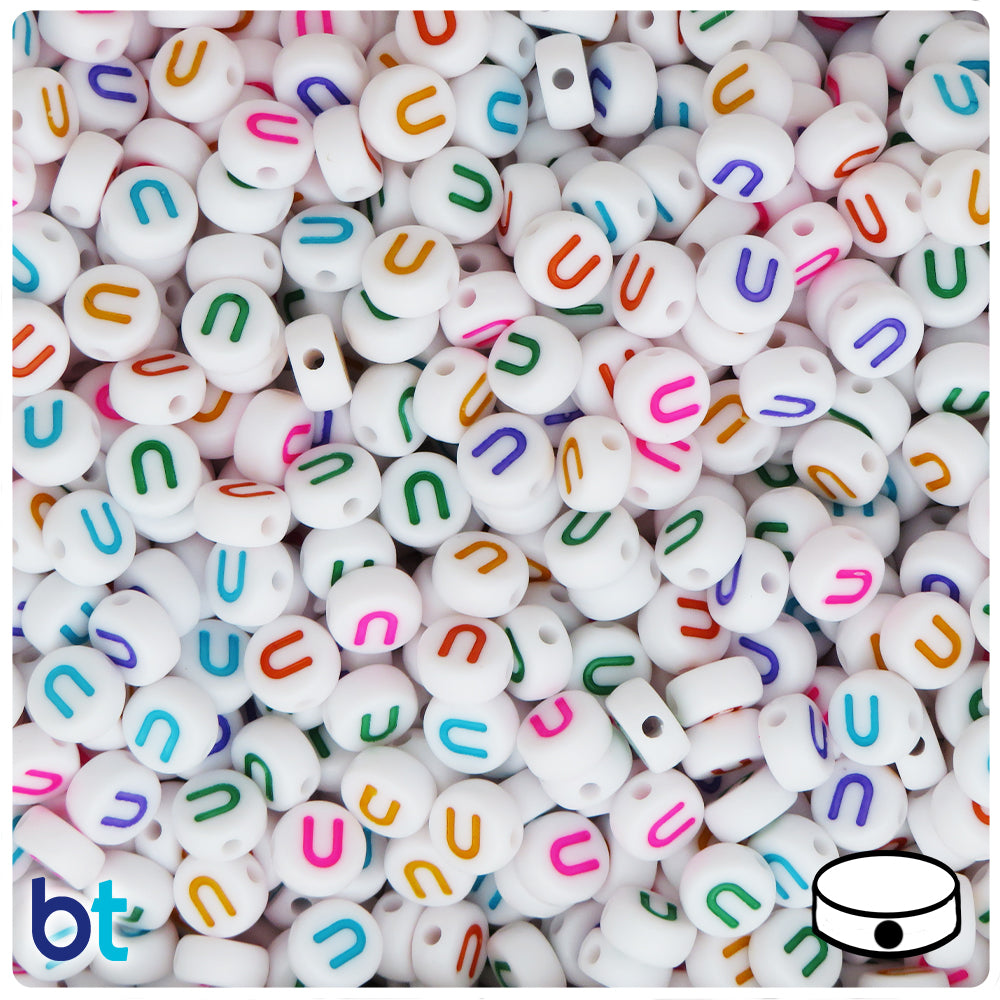 White Opaque 7mm Coin Alpha Beads - Colored Letter U (100pcs)