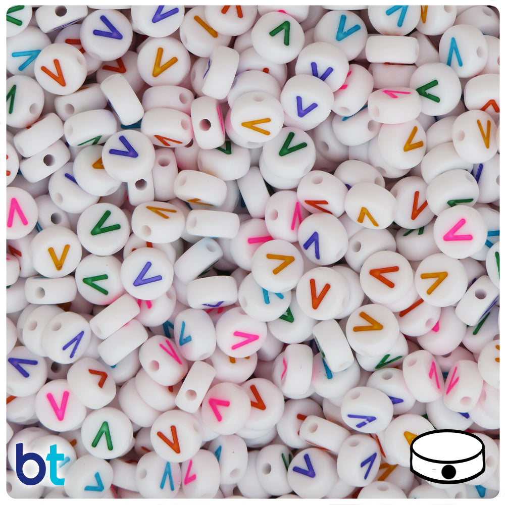 White Opaque 7mm Coin Alpha Beads - Colored Letter V (100pcs)