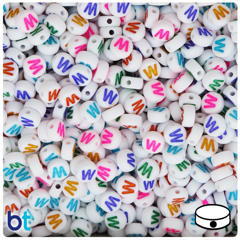 White Opaque 7mm Coin Alpha Beads - Colored Letter W (100pcs)