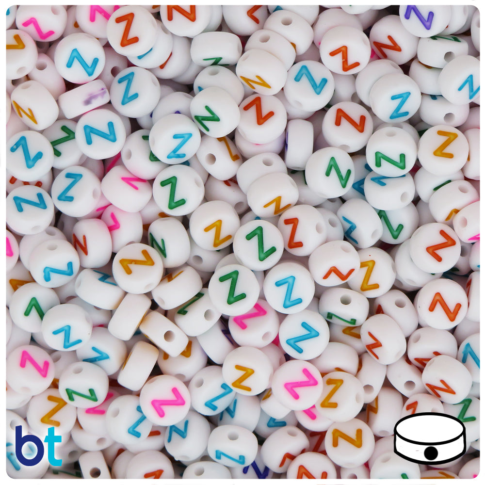 White Opaque 7mm Coin Alpha Beads - Colored Letter Z (100pcs)