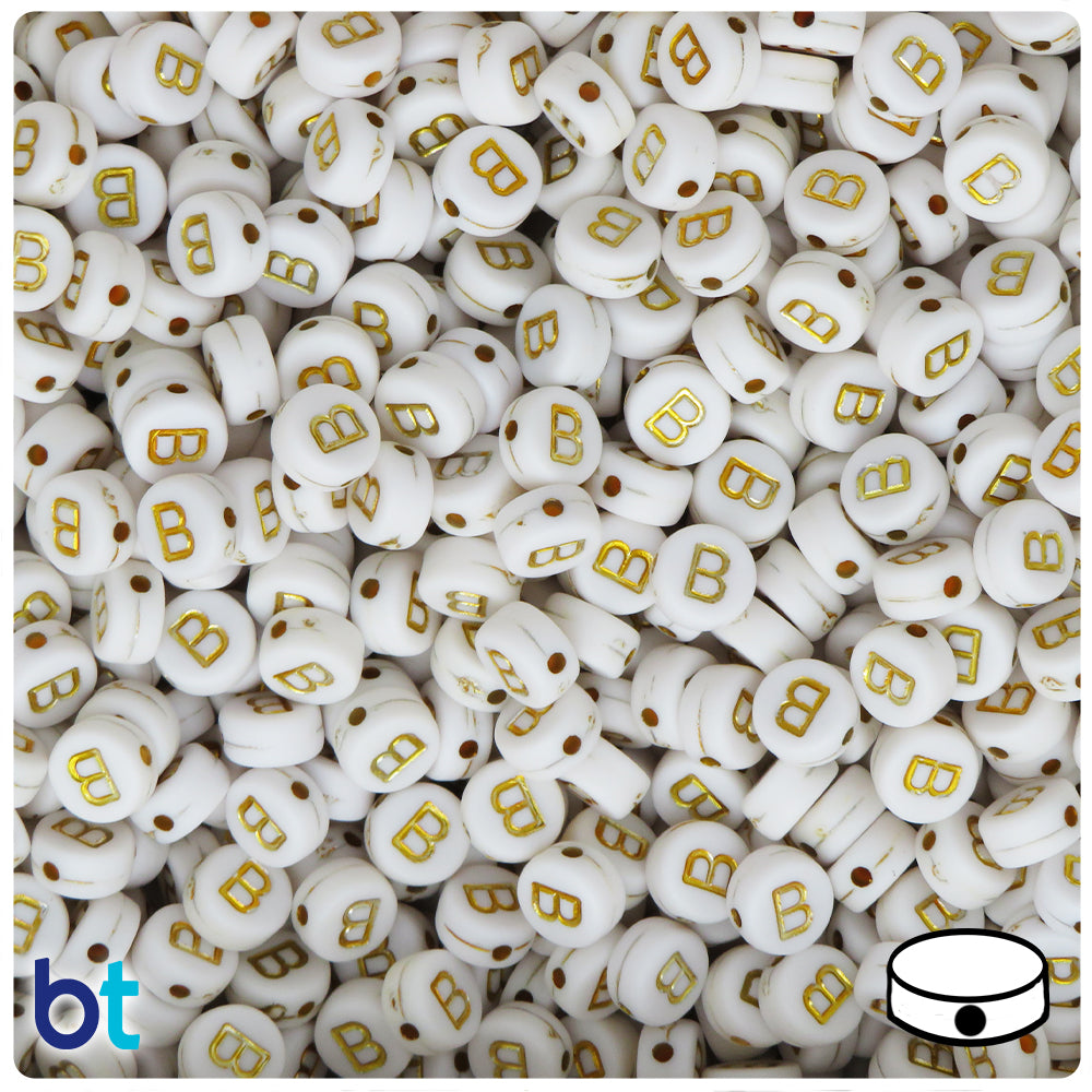 White Opaque 7mm Coin Alpha Beads - Gold Letter B (100pcs)