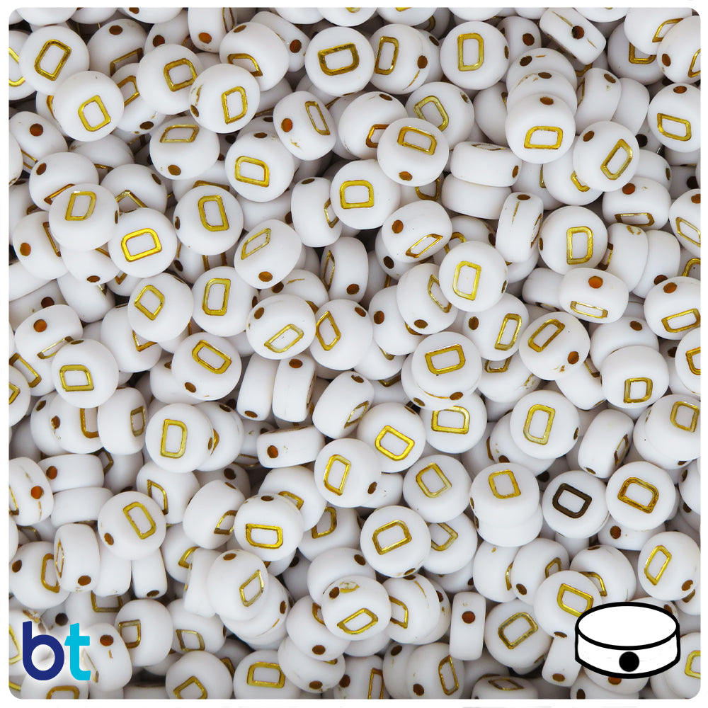 White Opaque 7mm Coin Alpha Beads - Gold Letter D (100pcs)