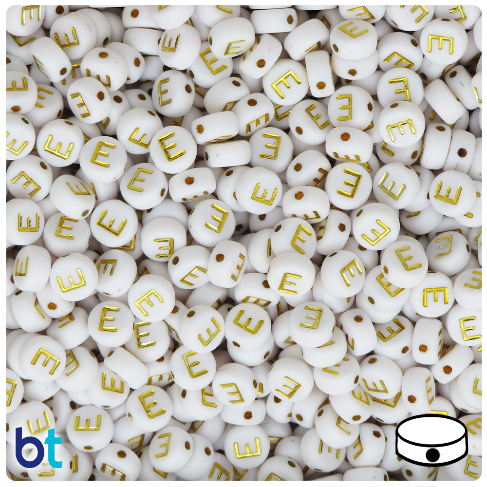White Opaque 7mm Coin Alpha Beads - Gold Letter E (100pcs)