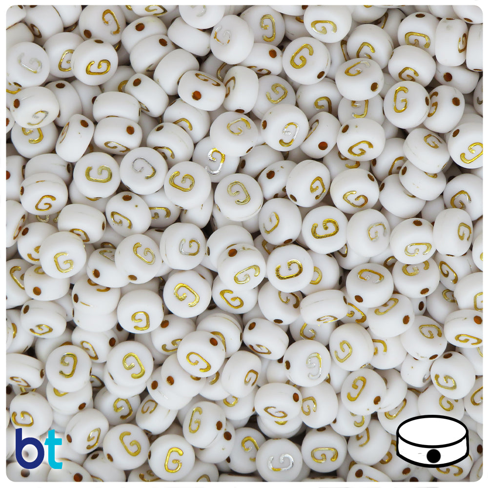 White Opaque 7mm Coin Alpha Beads - Gold Letter G (100pcs)