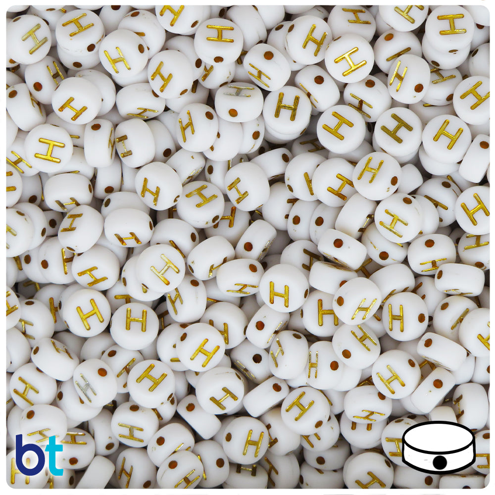 White Opaque 7mm Coin Alpha Beads - Gold Letter H (100pcs)