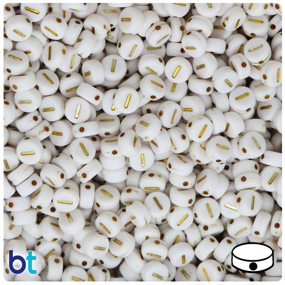 White Opaque 7mm Coin Alpha Beads - Gold Letter I (100pcs)