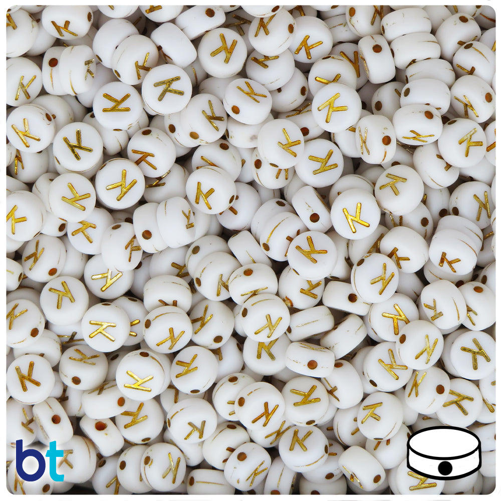 White Opaque 7mm Coin Alpha Beads - Gold Letter K (100pcs)