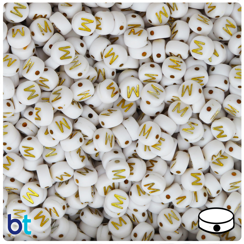 White Opaque 7mm Coin Alpha Beads - Gold Letter M (100pcs)