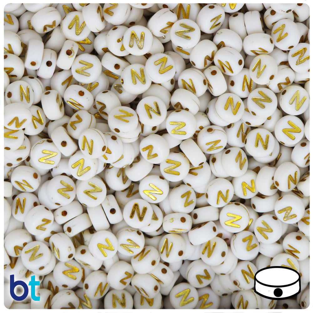 White Opaque 7mm Coin Alpha Beads - Gold Letter N (100pcs)