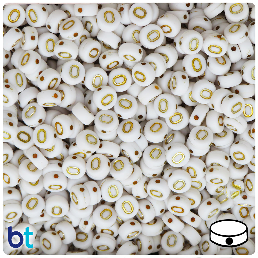 White Opaque 7mm Coin Alpha Beads - Gold Letter O (100pcs)