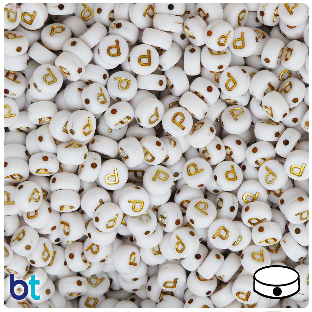 White Opaque 7mm Coin Alpha Beads - Gold Letter P (100pcs)