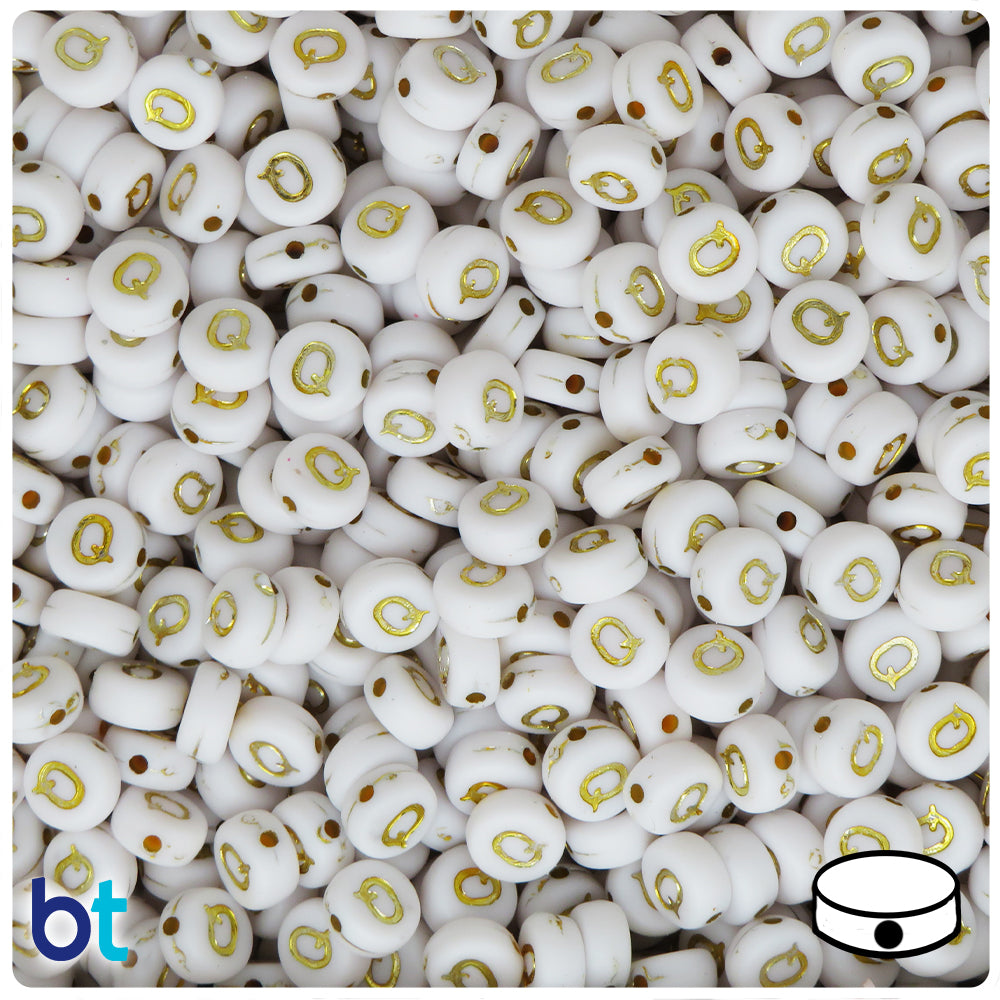 White Opaque 7mm Coin Alpha Beads - Gold Letter Q (100pcs)