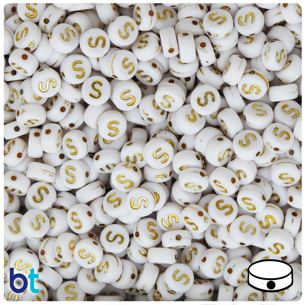White Opaque 7mm Coin Alpha Beads - Gold Letter S (100pcs)