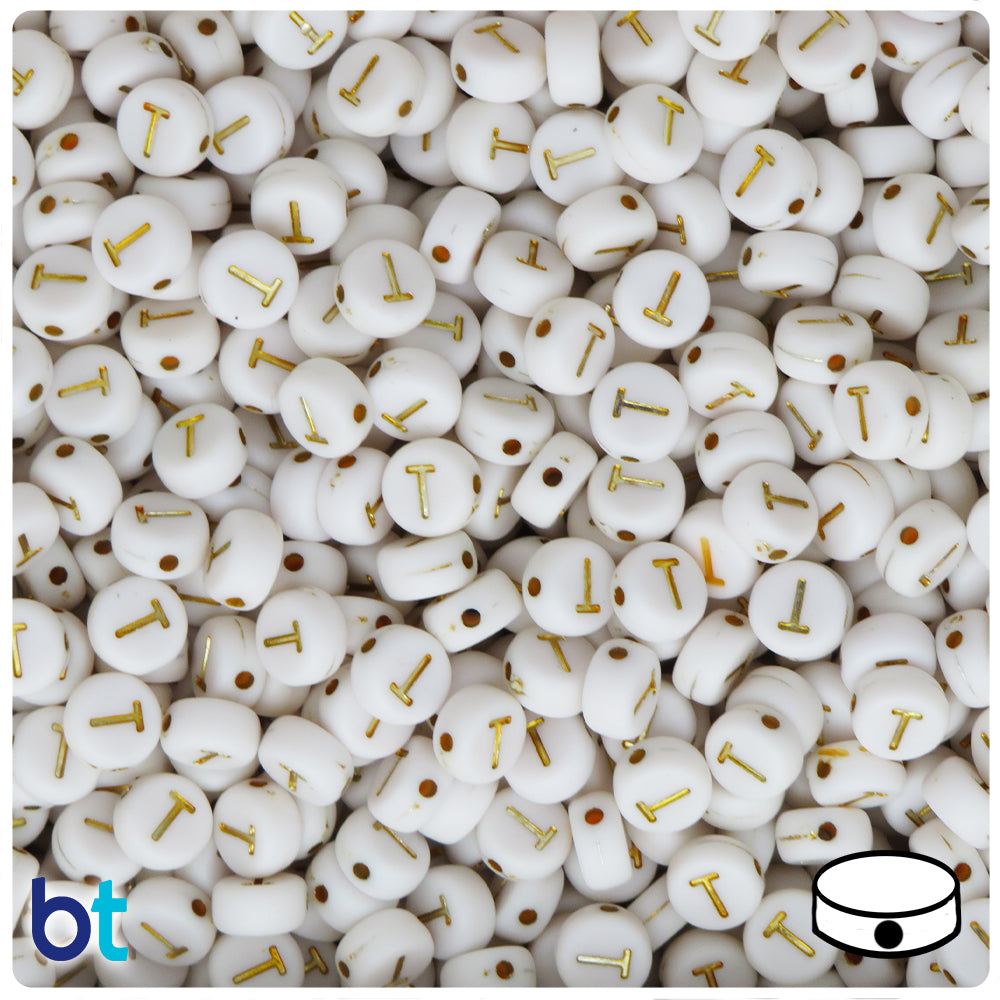 White Opaque 7mm Coin Alpha Beads - Gold Letter T (100pcs)