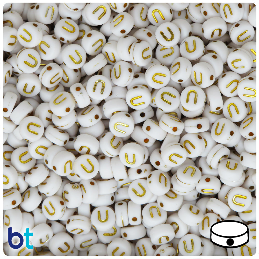 White Opaque 7mm Coin Alpha Beads - Gold Letter U (100pcs)