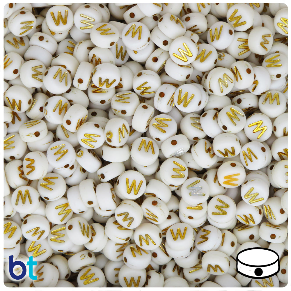 White Opaque 7mm Coin Alpha Beads - Gold Letter W (100pcs)