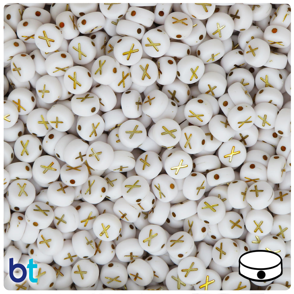 White Opaque 7mm Coin Alpha Beads - Gold Letter X (100pcs)