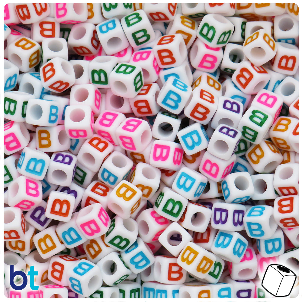 White Opaque 7mm Cube Alpha Beads - Colored Letter B (75pcs)