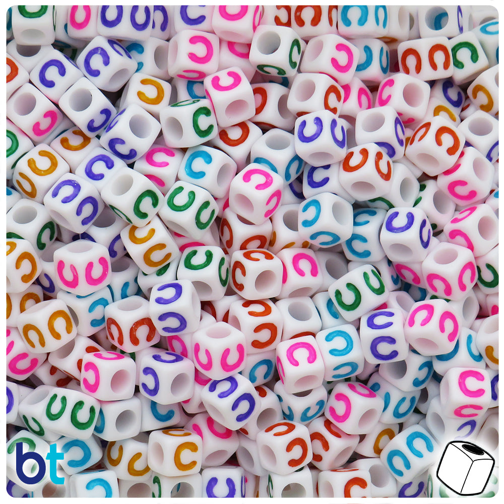 White Opaque 7mm Cube Alpha Beads - Colored Letter C (75pcs)