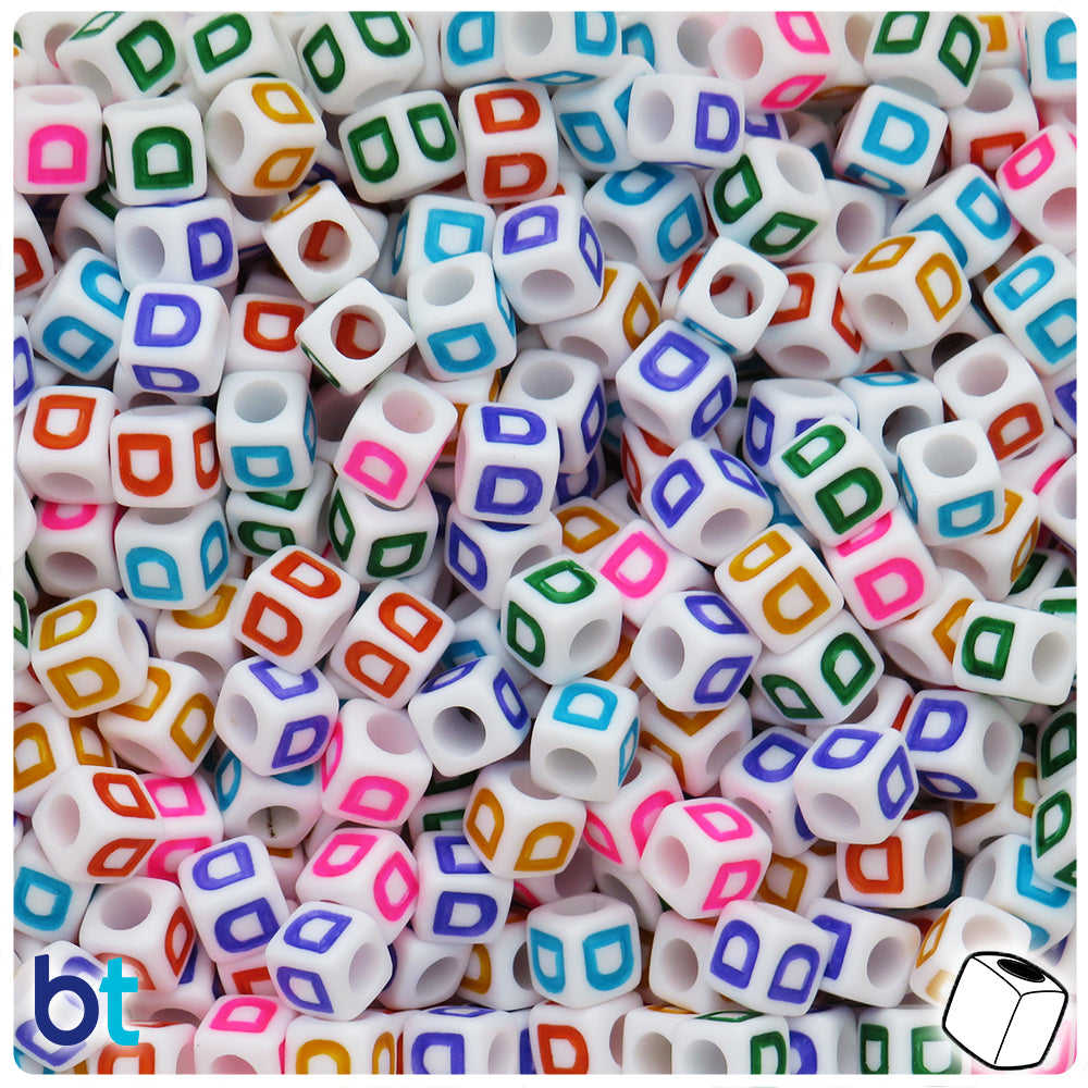 White Opaque 7mm Cube Alpha Beads - Colored Letter D (75pcs)