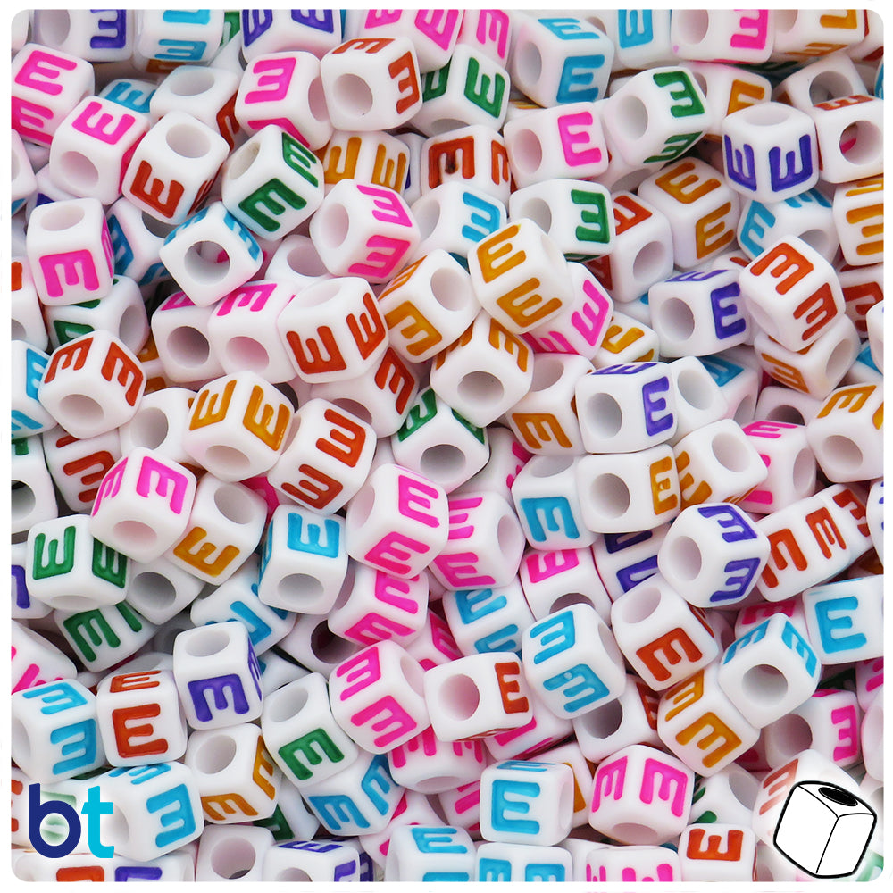 White Opaque 7mm Cube Alpha Beads - Colored Letter E (75pcs)
