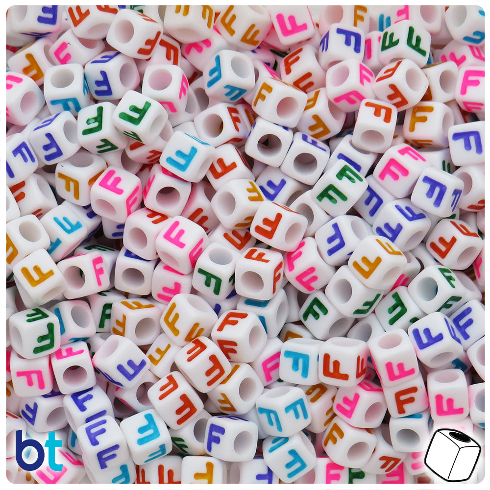 White Opaque 7mm Cube Alpha Beads - Colored Letter F (75pcs)