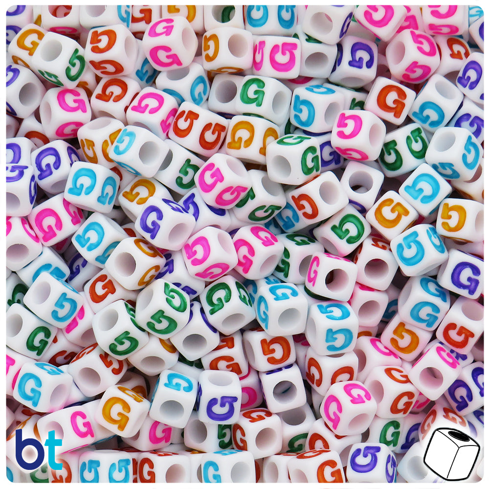 White Opaque 7mm Cube Alpha Beads - Colored Letter G (75pcs)