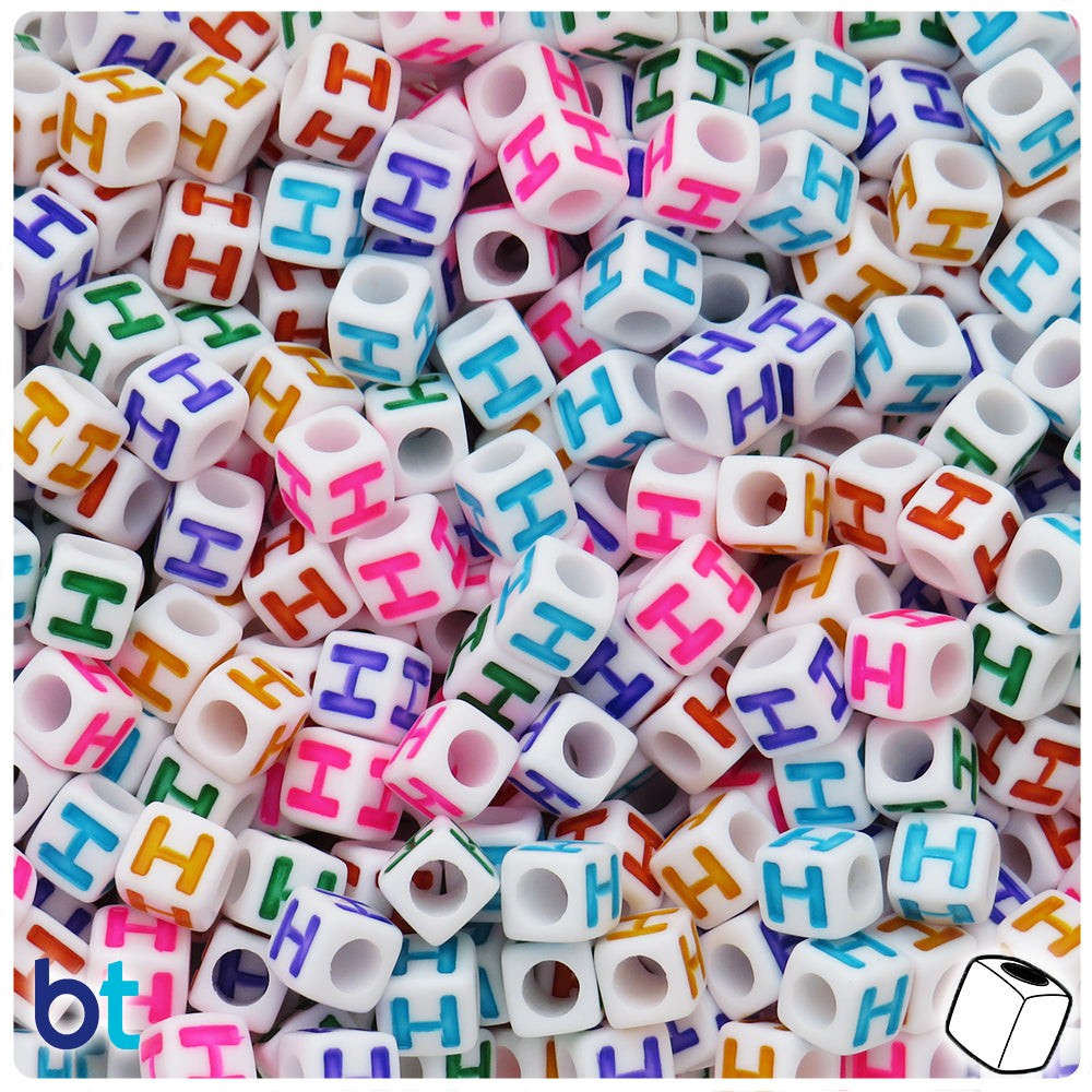 White Opaque 7mm Cube Alpha Beads - Colored Letter H (75pcs)