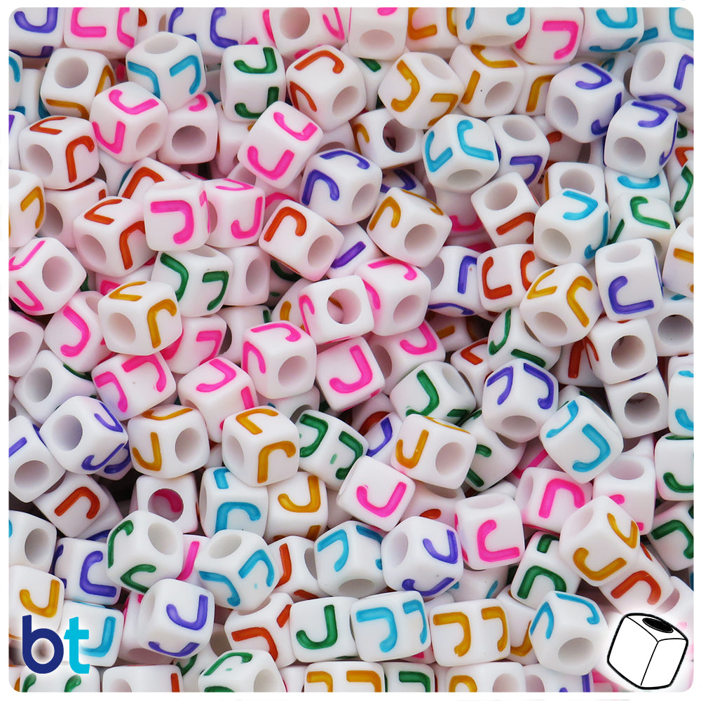 White Opaque 7mm Cube Alpha Beads - Colored Letter J (75pcs)