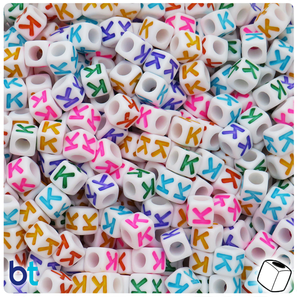 White Opaque 7mm Cube Alpha Beads - Colored Letter K (75pcs)