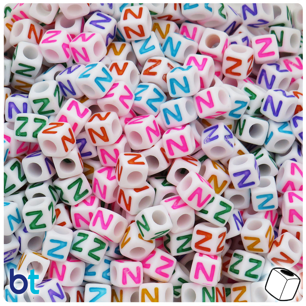 White Opaque 7mm Cube Alpha Beads - Colored Letter N (75pcs)