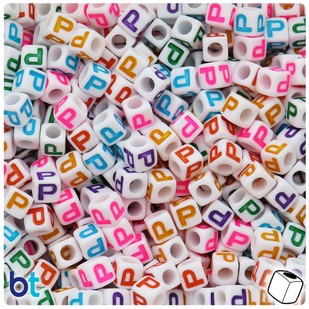 White Opaque 7mm Cube Alpha Beads - Colored Letter P (75pcs)