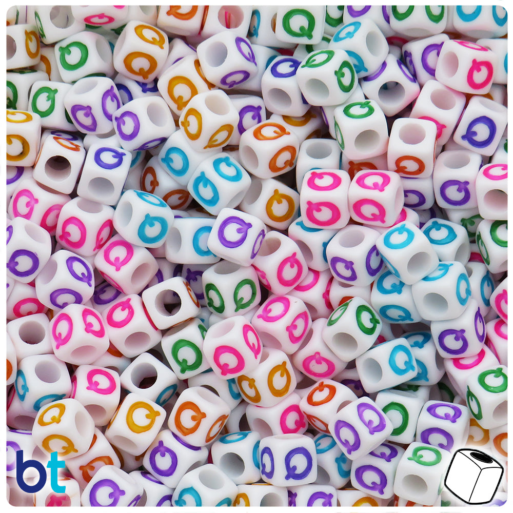 White Opaque 7mm Cube Alpha Beads - Colored Letter Q (75pcs)