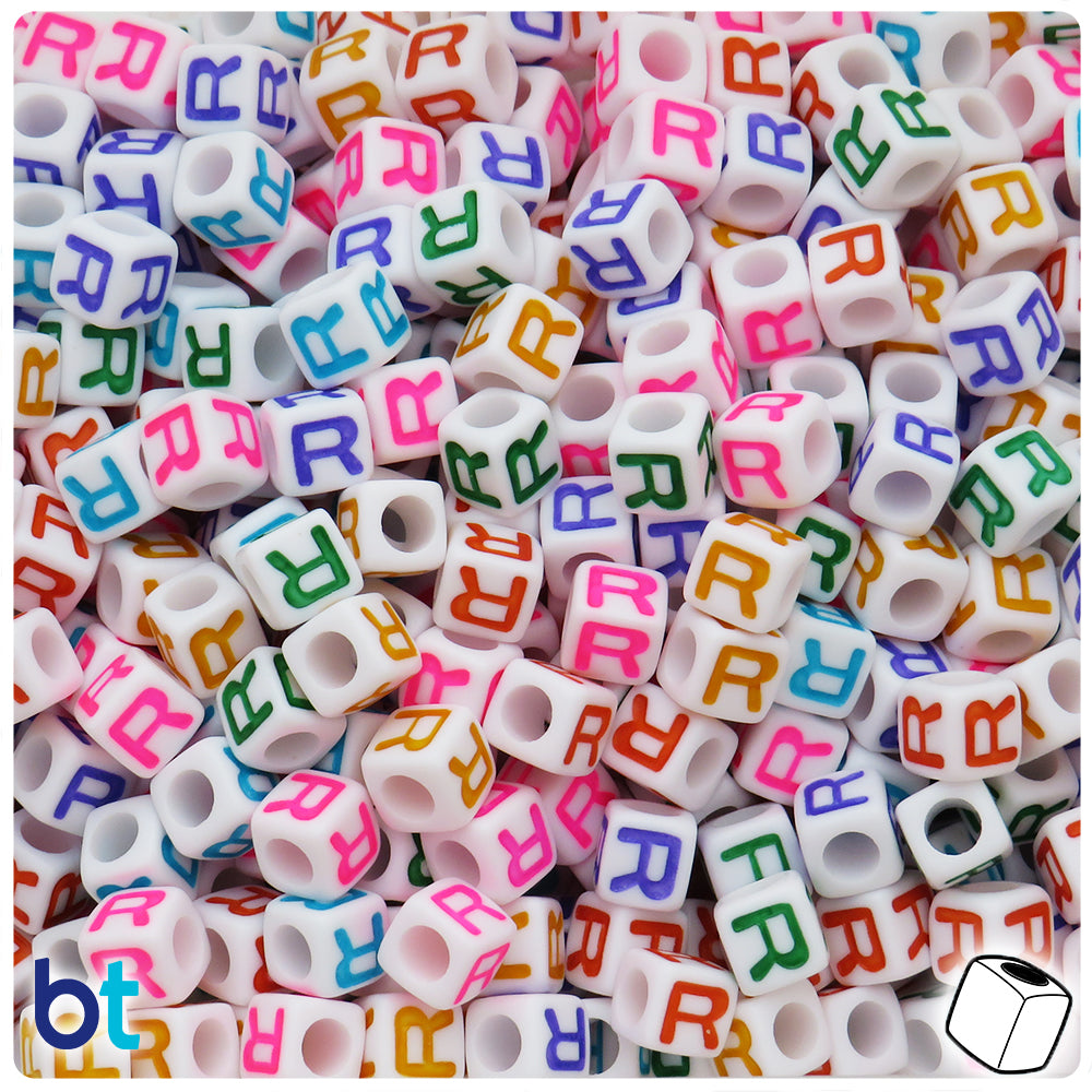 White Opaque 7mm Cube Alpha Beads - Colored Letter R (75pcs)