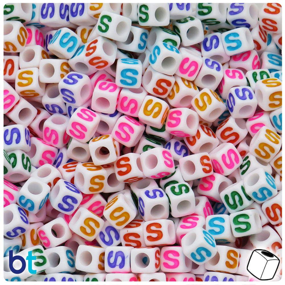 White Opaque 7mm Cube Alpha Beads - Colored Letter S (75pcs)