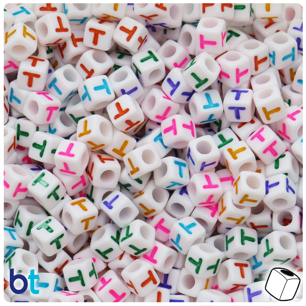 White Opaque 7mm Cube Alpha Beads - Colored Letter T (75pcs)