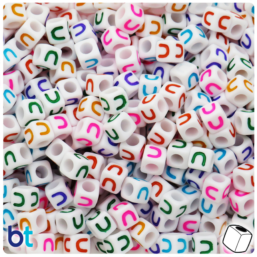 White Opaque 7mm Cube Alpha Beads - Colored Letter U (75pcs)