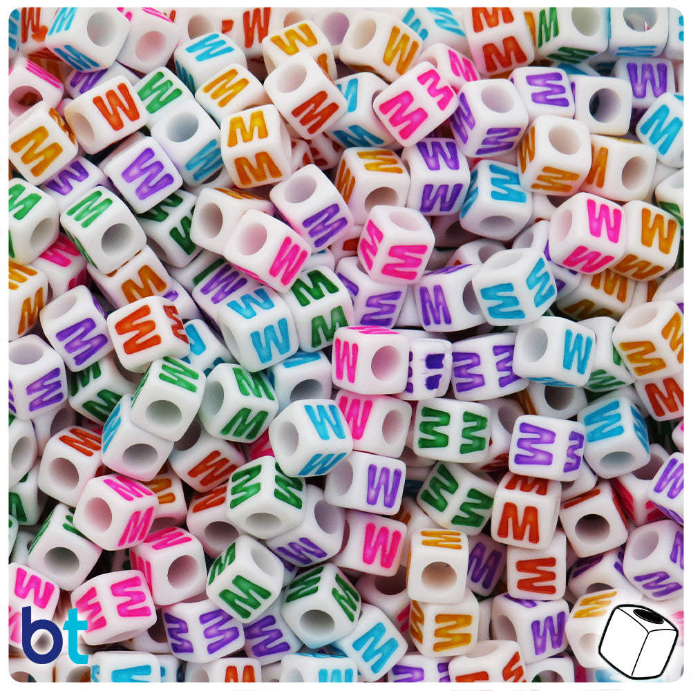 White Opaque 7mm Cube Alpha Beads - Colored Letter W (75pcs)
