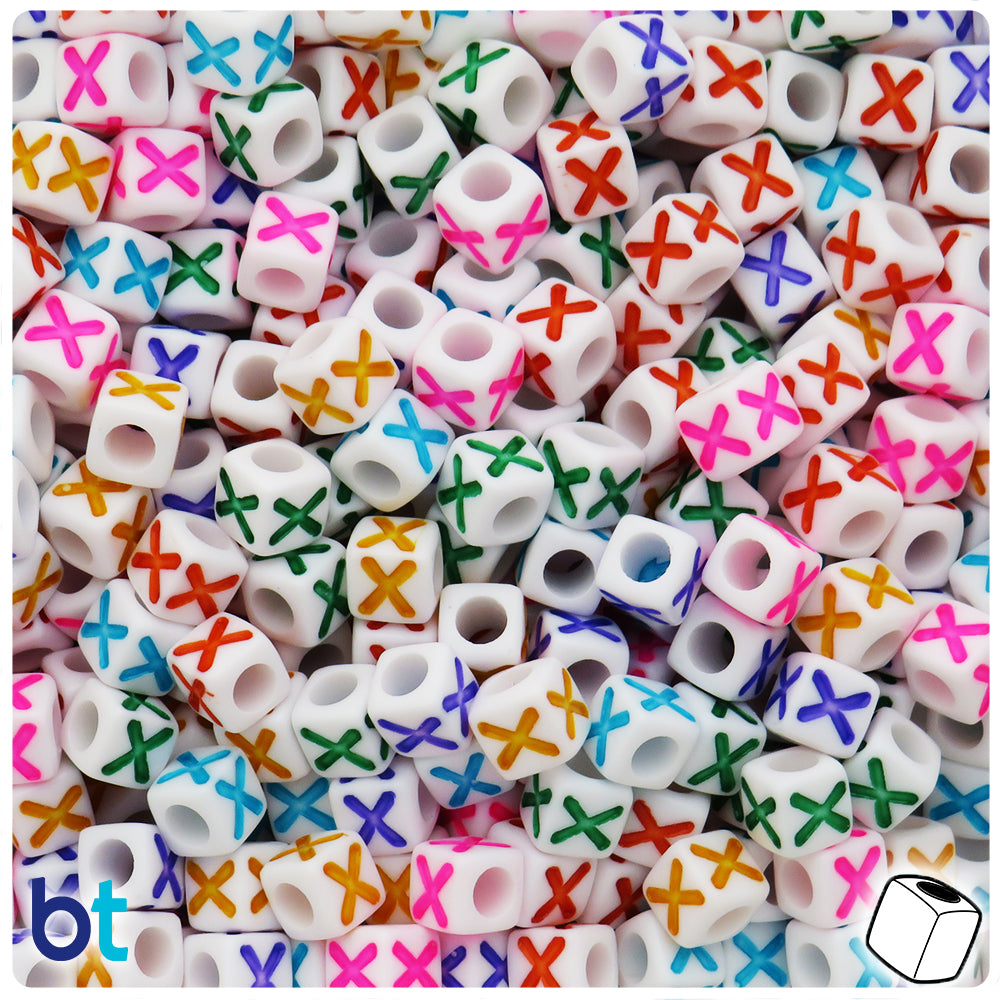 White Opaque 7mm Cube Alpha Beads - Colored Letter X (75pcs)
