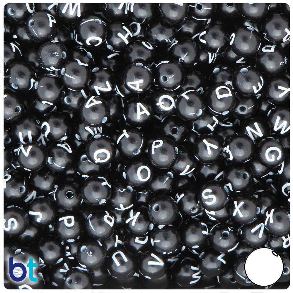 Black Opaque 8mm Round Alpha Beads - White Letter Mix (200pcs)