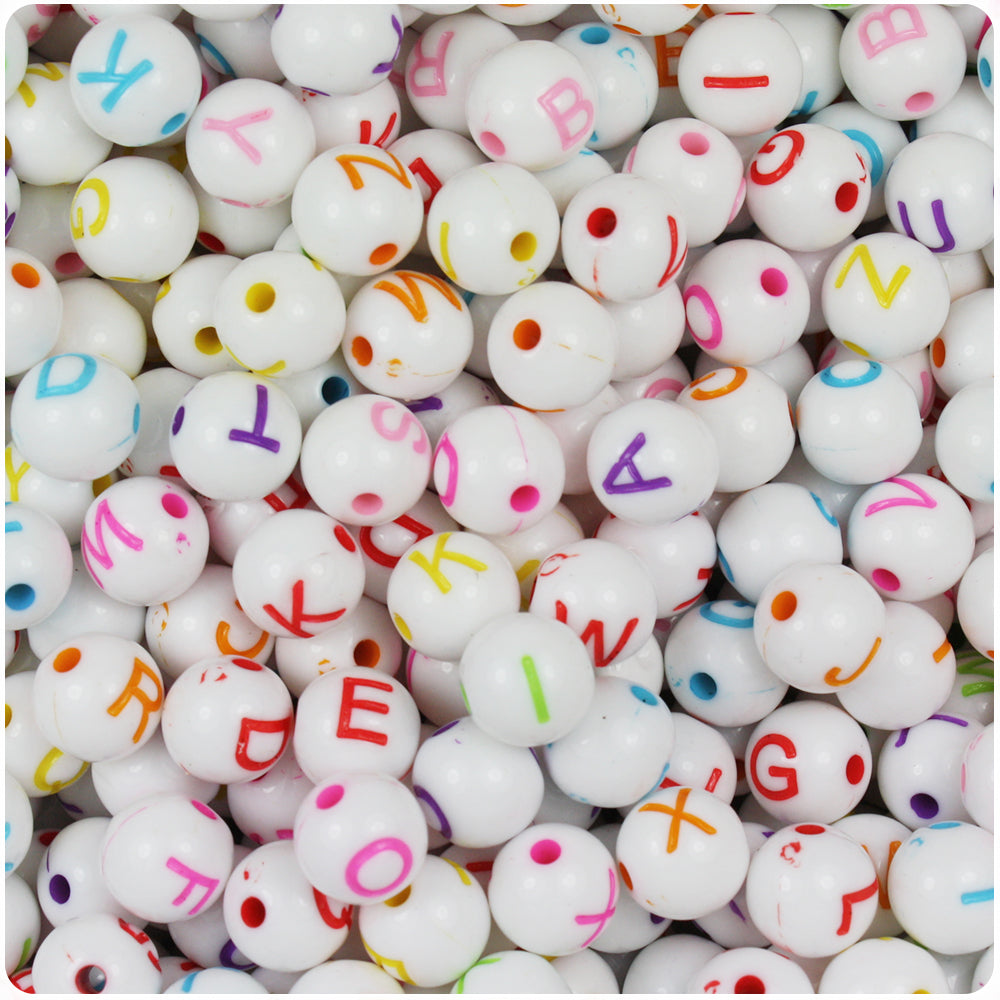 White Opaque 8mm Round Alpha Beads - Colored Letter Mix (200pcs)