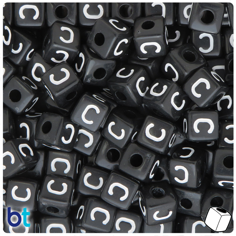 Black Opaque 10mm Cube Alpha Beads - White Letter C (20pcs)